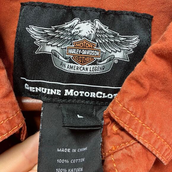 Harley Davidson Men's Holdout Shirt Large Orange Logo short sleeve button Up - Picture 9 of 15